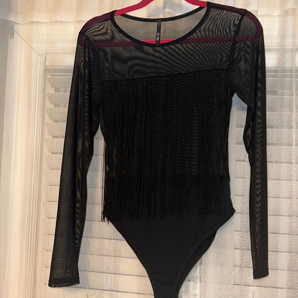 Mesh Fringe Top- Black, bodysuit - Picture 3 of 11